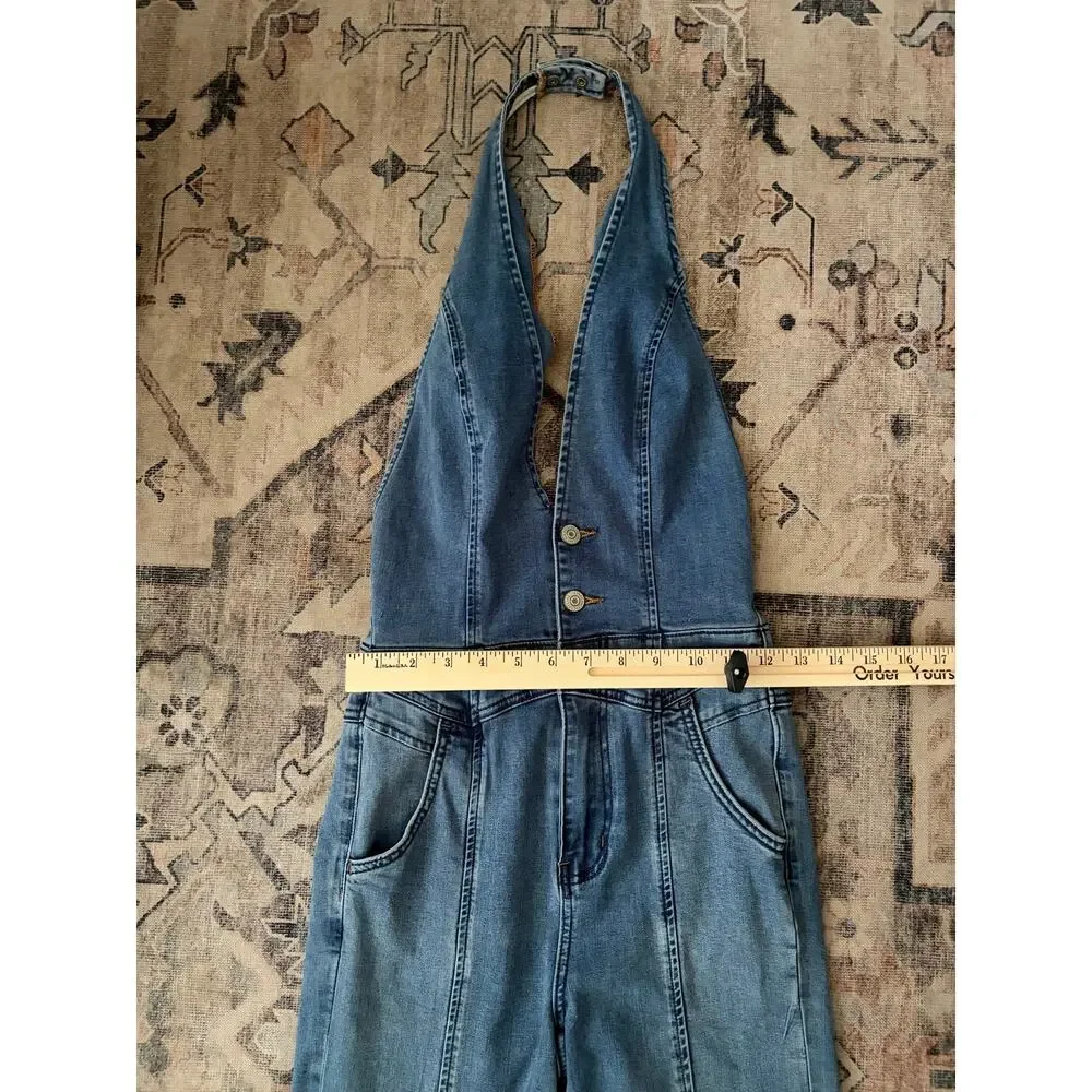 We The Free Free People Denim Halter Jumpsuit Flare Wide Leg Women’s 25